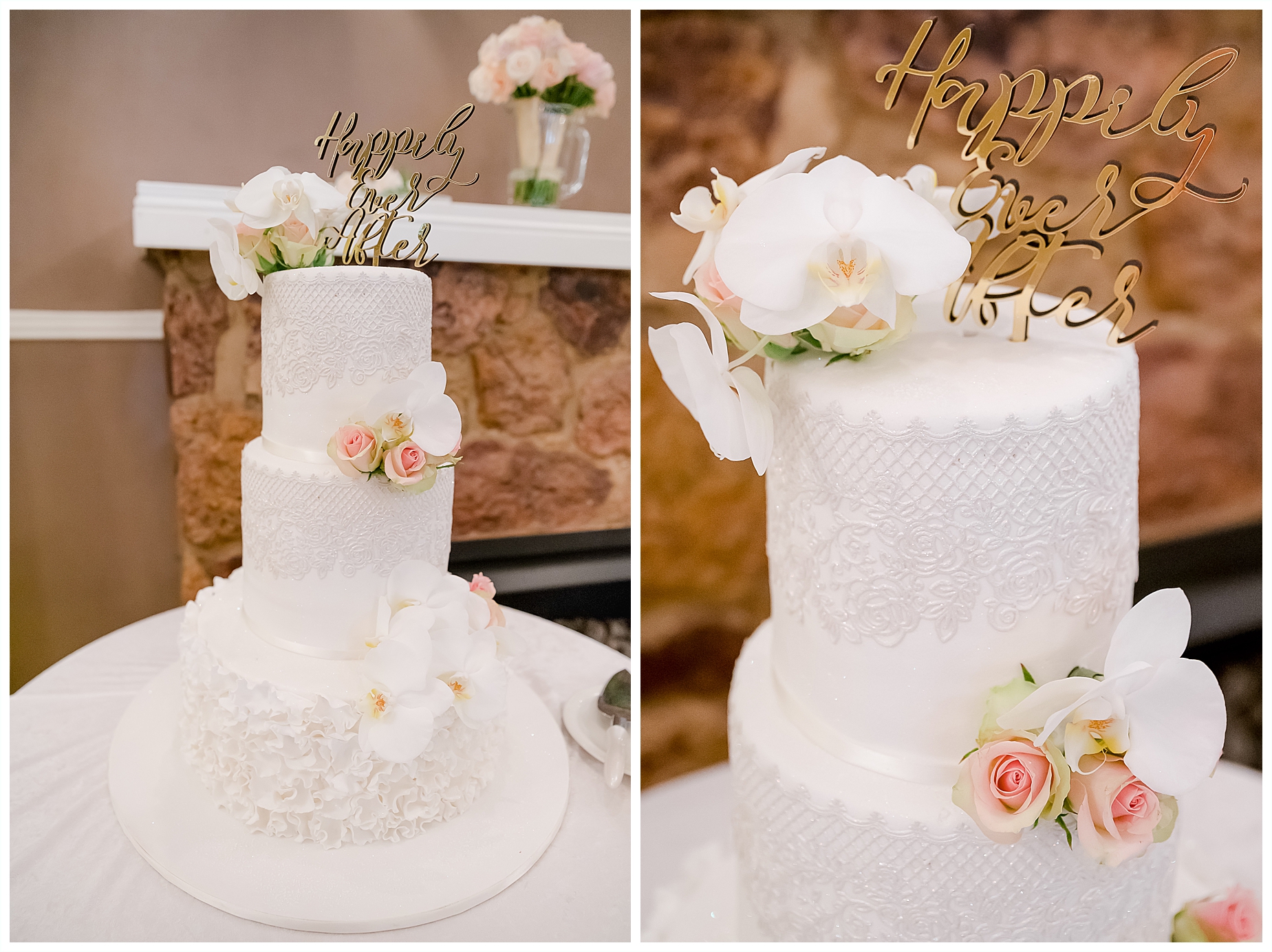 Elegant 3 tiered wedding cake with orchid and lace details