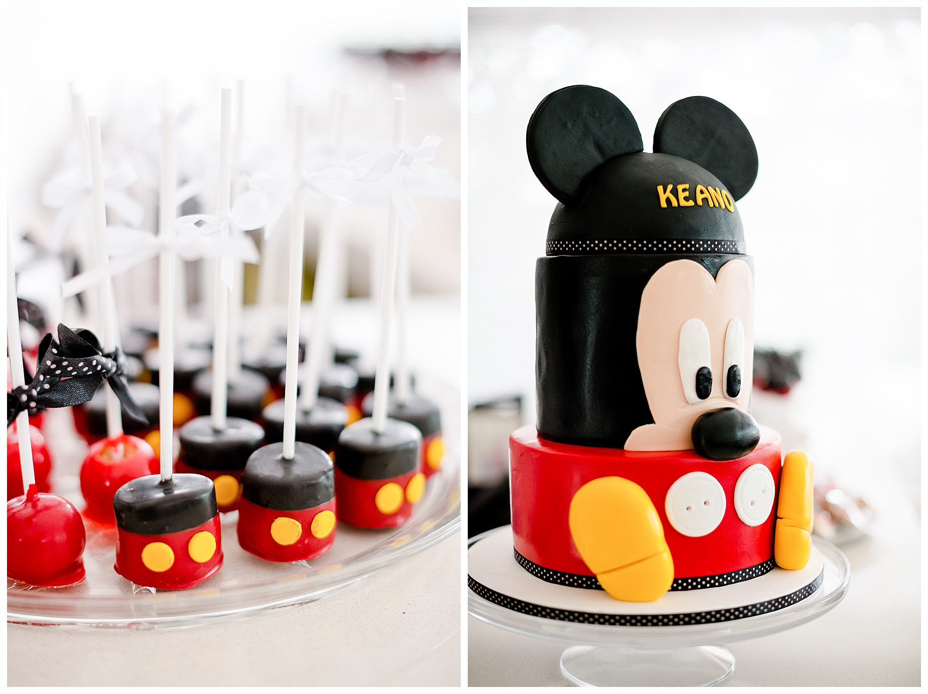 Mickey Mouse themed birthday cake and details