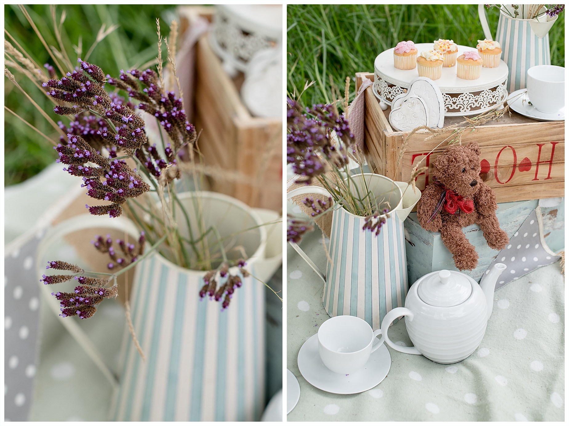 teddy bears picnic shoot props pastel tones and purple flower accents