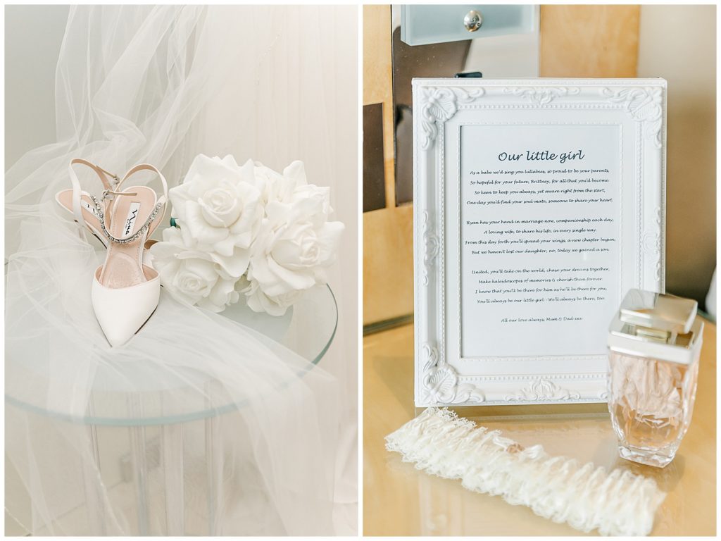 Wedding details Fullerton Hotel. Shoes, bouquet and Poem