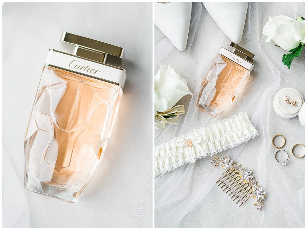 Bridal details flatlay. Perfume, rings, shoes and hair clip